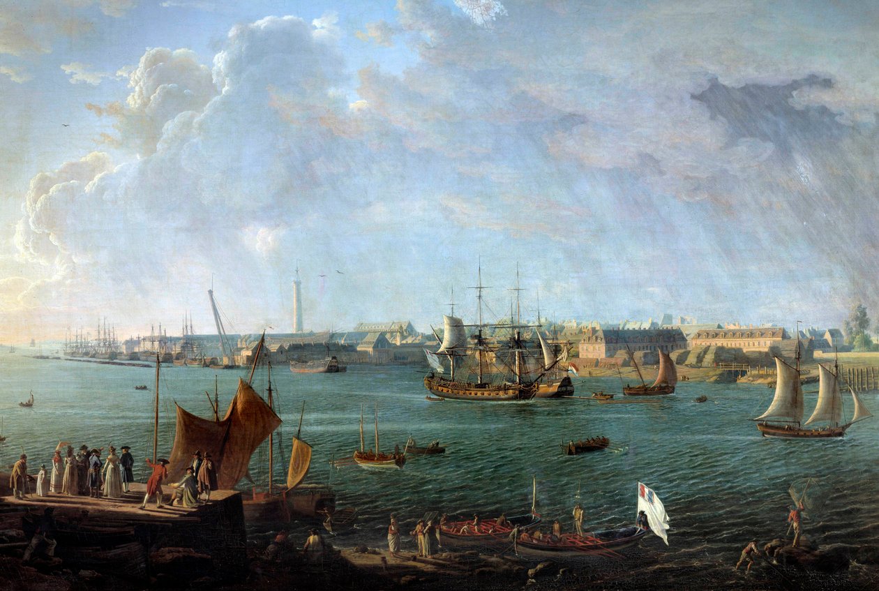 Näkymä Lorientin satamasta 1700-luvulla Yksityiskohta Jean Francois Huen (1751-1823) maalauksesta Paris, Musee de la Marine tekijältä Jean Francois Hue