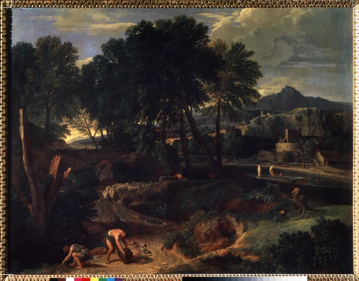 ""Maisema, jossa lammaslauma tiellä"" (Maisema, jossa lammaslauma tiellä) maalaus Jean Francois Millet Vanhin (1642-1679) 1600-luvun Pushkin-museo, Moskova tekijältä Jean Francois I Millet