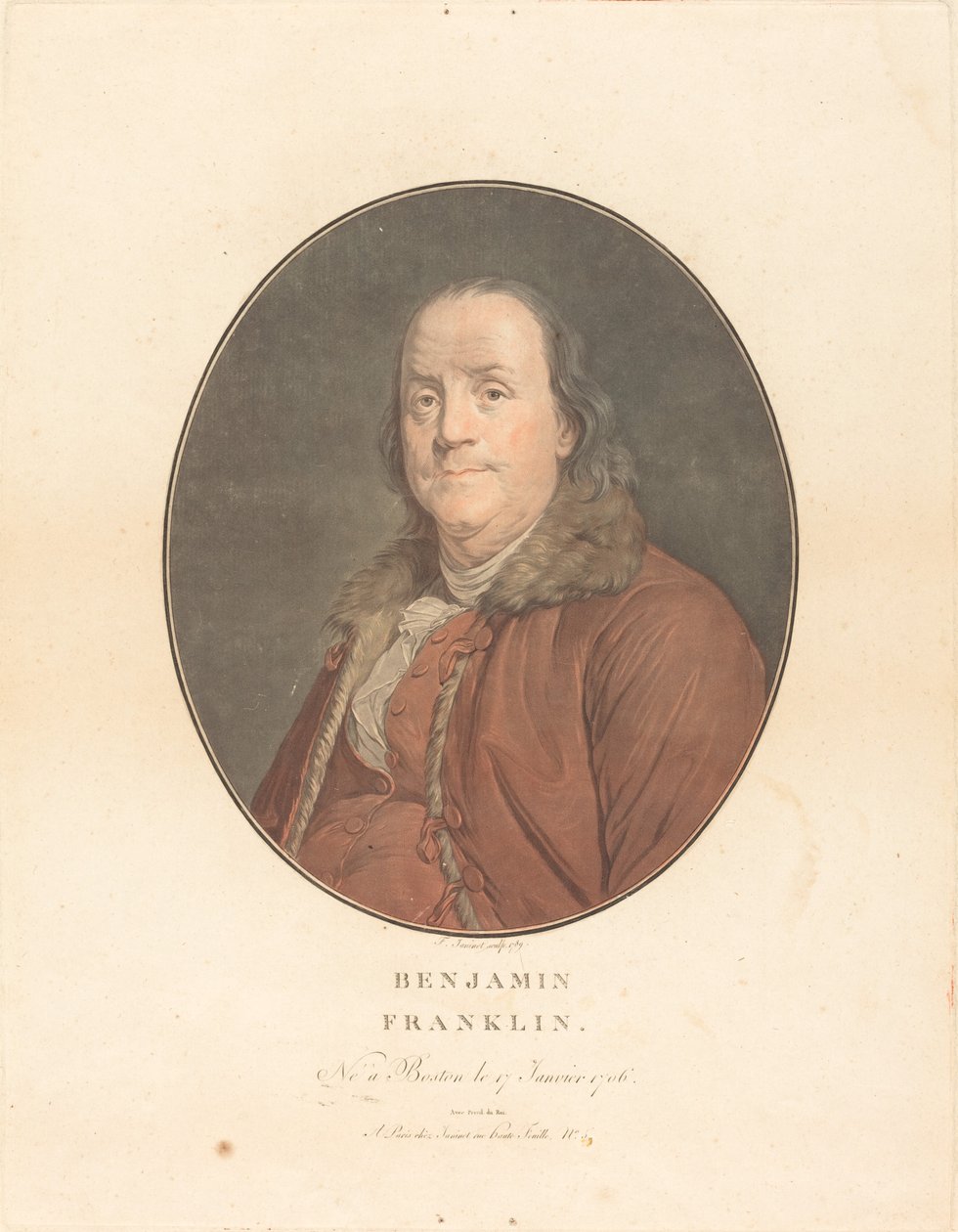 Benjamin Franklin, 1789. Tekijät: Jean Francois Janinet, Joseph Siffred Duplessis. tekijältä Jean Francois Janinet, Joseph Siffred Duplessis