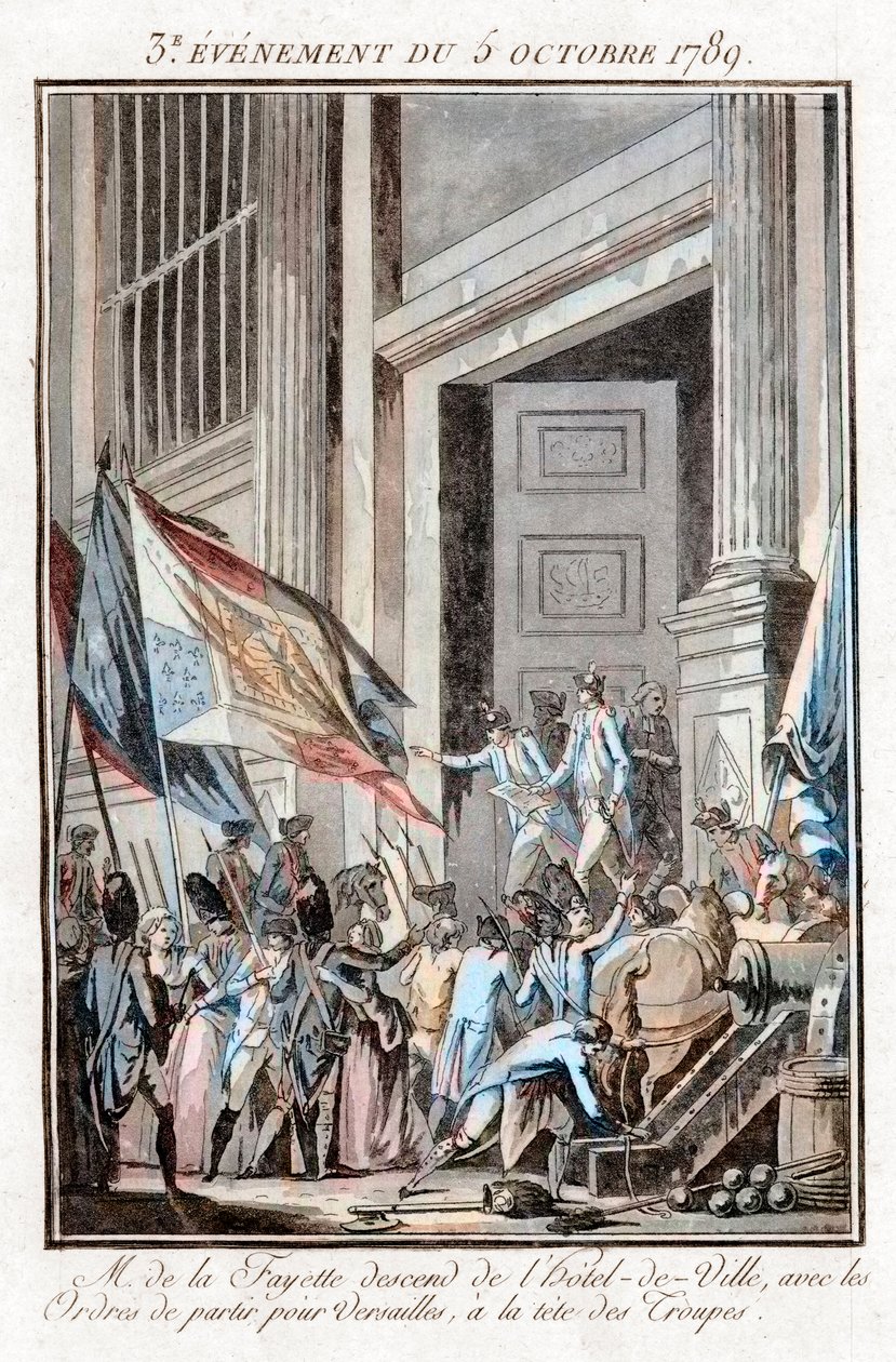 Ranskan vallankumous – La Fayette poistui Pariisin kaupungintalosta Versaillesiin, 5. lokakuuta tekijältä Jean Francois Janinet