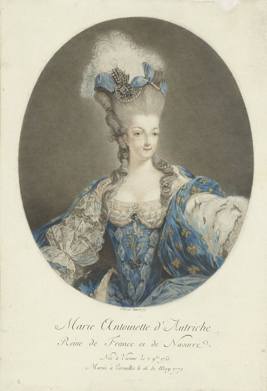 Muotokuva Marie Antoinettesta Marie Antoinette Itävallasta, Ranskan ja Navarran kuningatar (otsikko esineessä) tekijältä Jean Francois Janinet