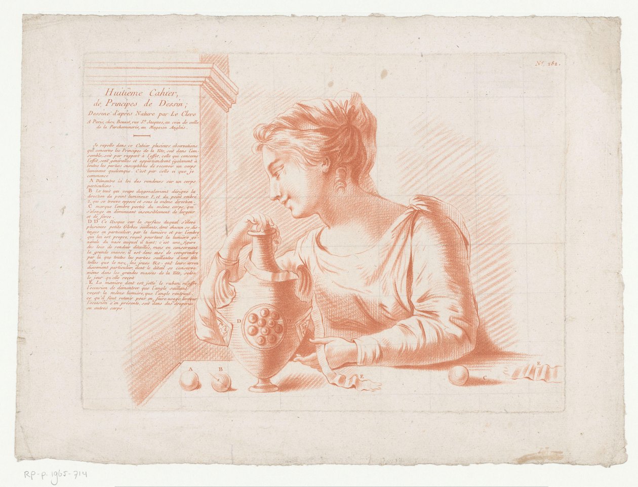 Otsikkoprintti naisella ja kannulla Sävellykset ihmiskehon osista (sarjan nimi) Huitième Cahier, Principes de Dessin (sarjan nimi esineellä) tekijältä Jean Francois Janinet