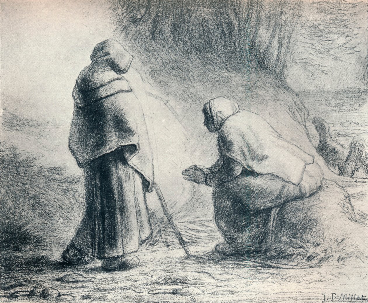 Bergeres Se Chauffant, Paimenet tulessa, 1800-luku tekijältä Jean Francois Millet