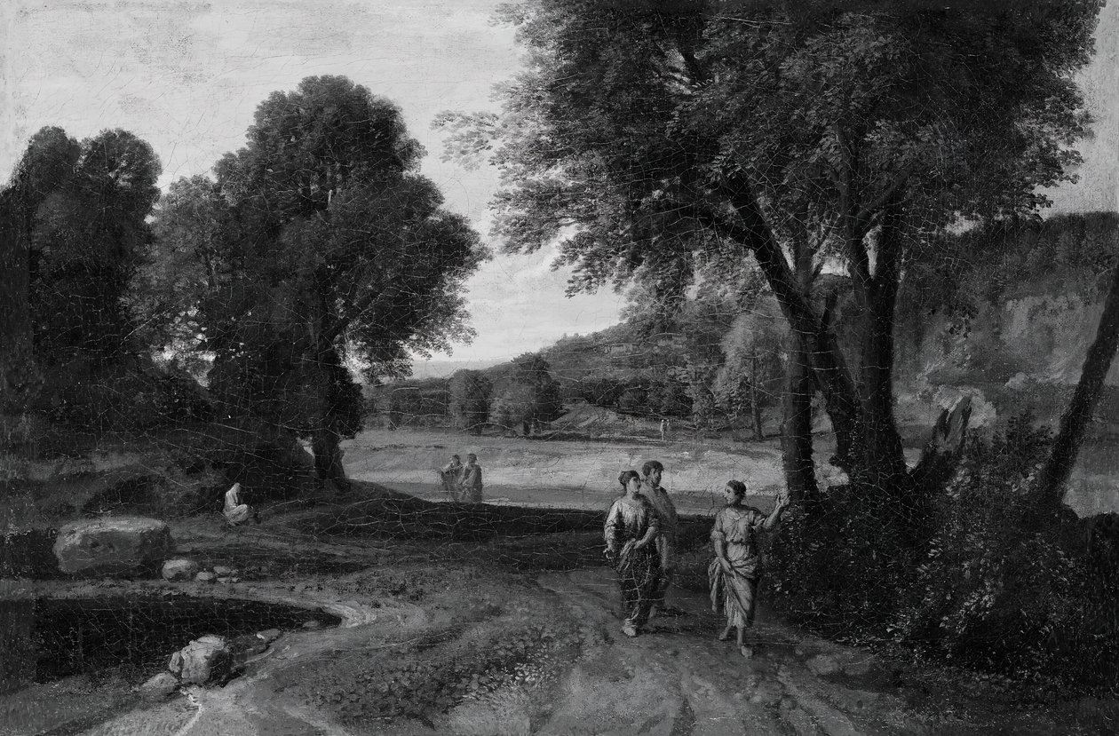Klassinen maisema, jossa kaksi naista ja mies polulla, 166070. tekijältä Jean Francois Millet