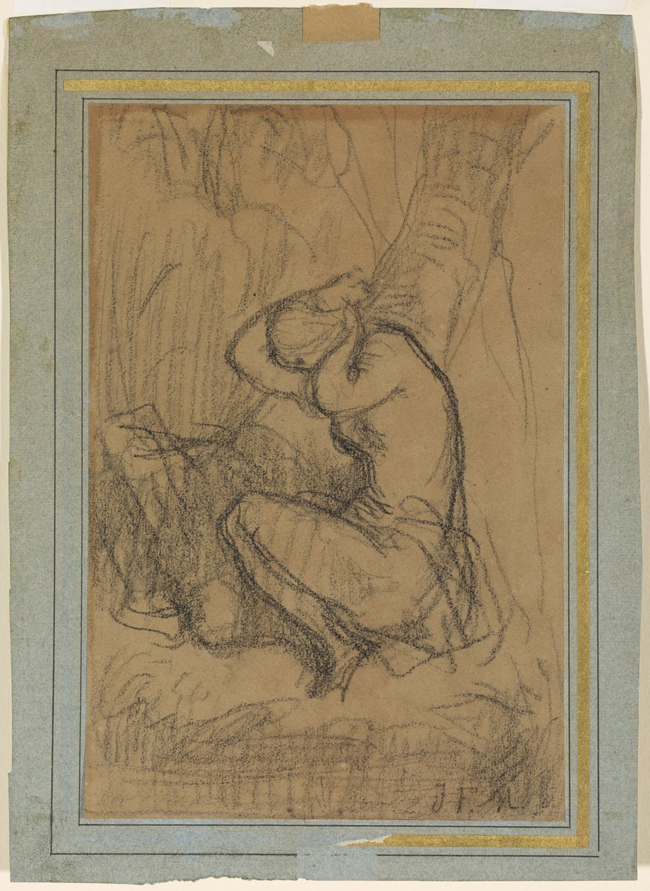 Nuori nainen kiinnittää pitkät hiuksensa kylvyn jälkeen tekijältä Jean Francois Millet