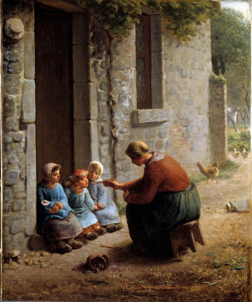 La becquee tai talonpoika ruokkimassa lapsiaan. Jean Francois Milletin (1814-1875) maalaus tekijältä Jean Francois Millet