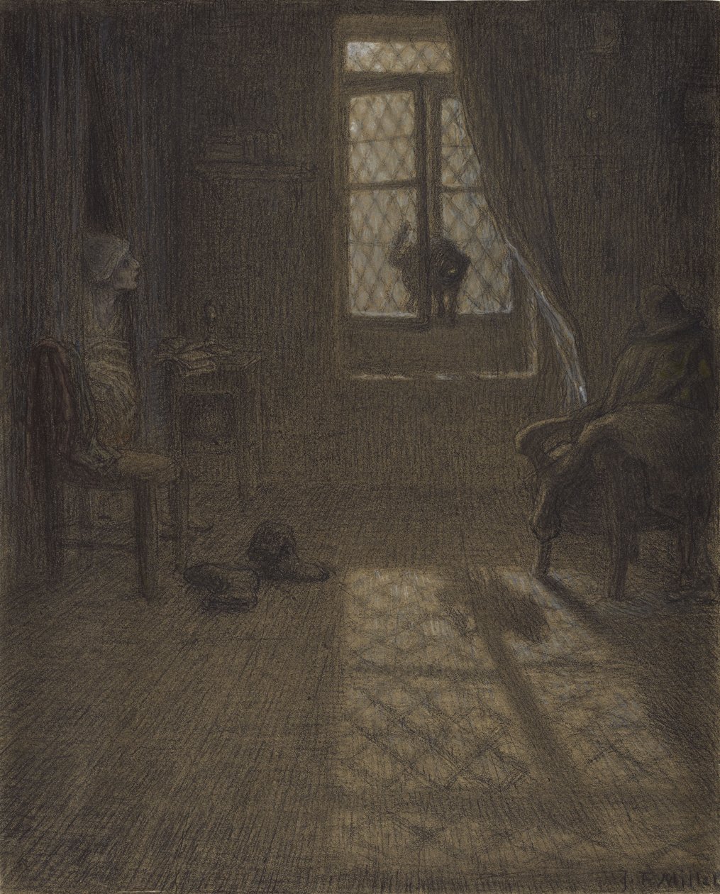 Le chat tai The Cat at the Window, 1857-58 (conté värikynä ja pastelli, stumping ja sekoitus, kiinnitetty kudottupaperille) tekijältä Jean Francois Millet