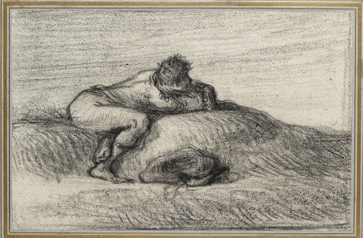 Mies kyykistyy kukkulalla, 1848 - 1850 (musta värikynä luonnonvalkoiselle paperille, asetettu vaaleansiniselle paperille, jossa on kolme kultaviivaa) tekijältä Jean Francois Millet