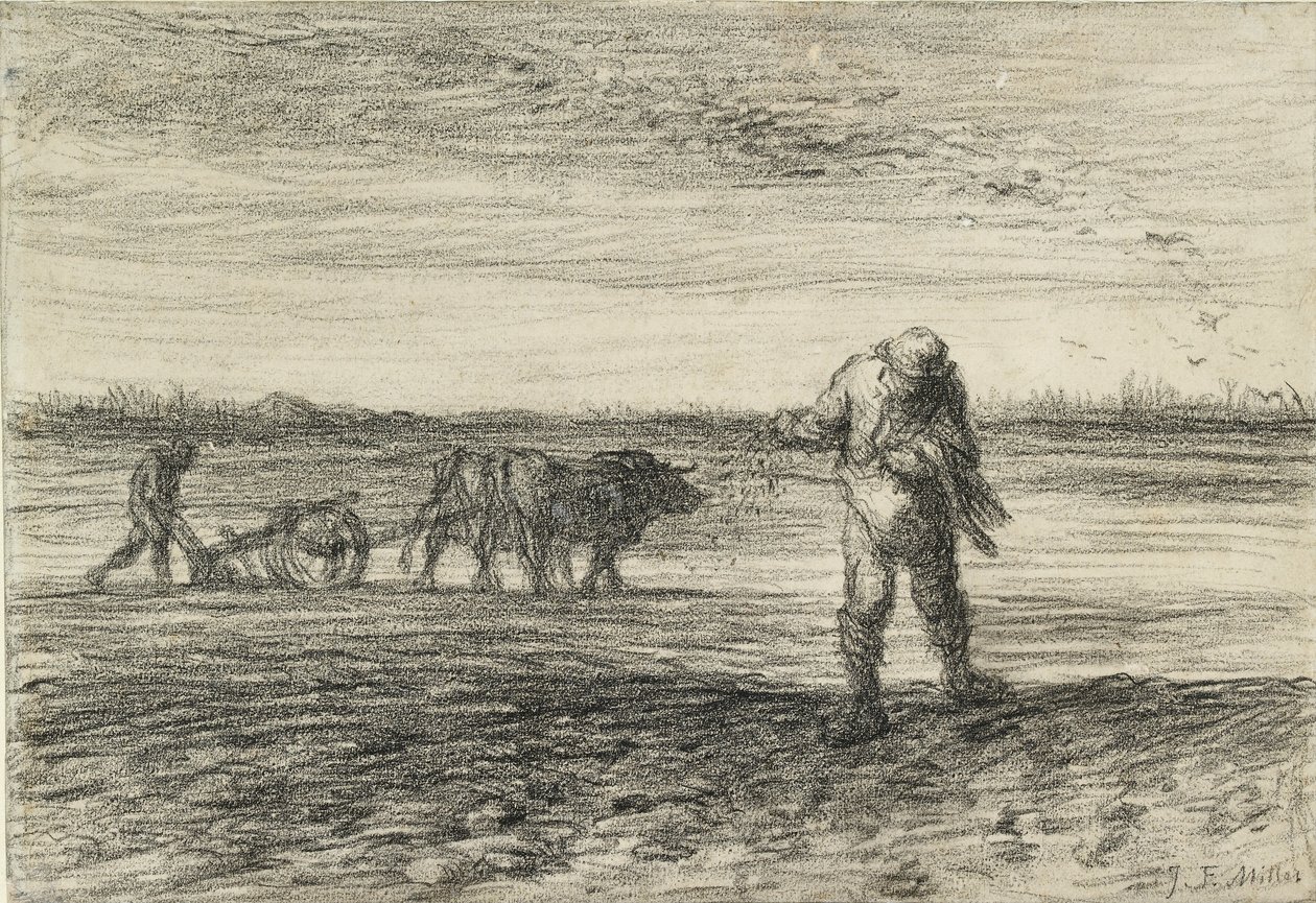 Mies kyntämässä ja toinen kylvö, 1849-1852 tekijältä Jean Francois Millet