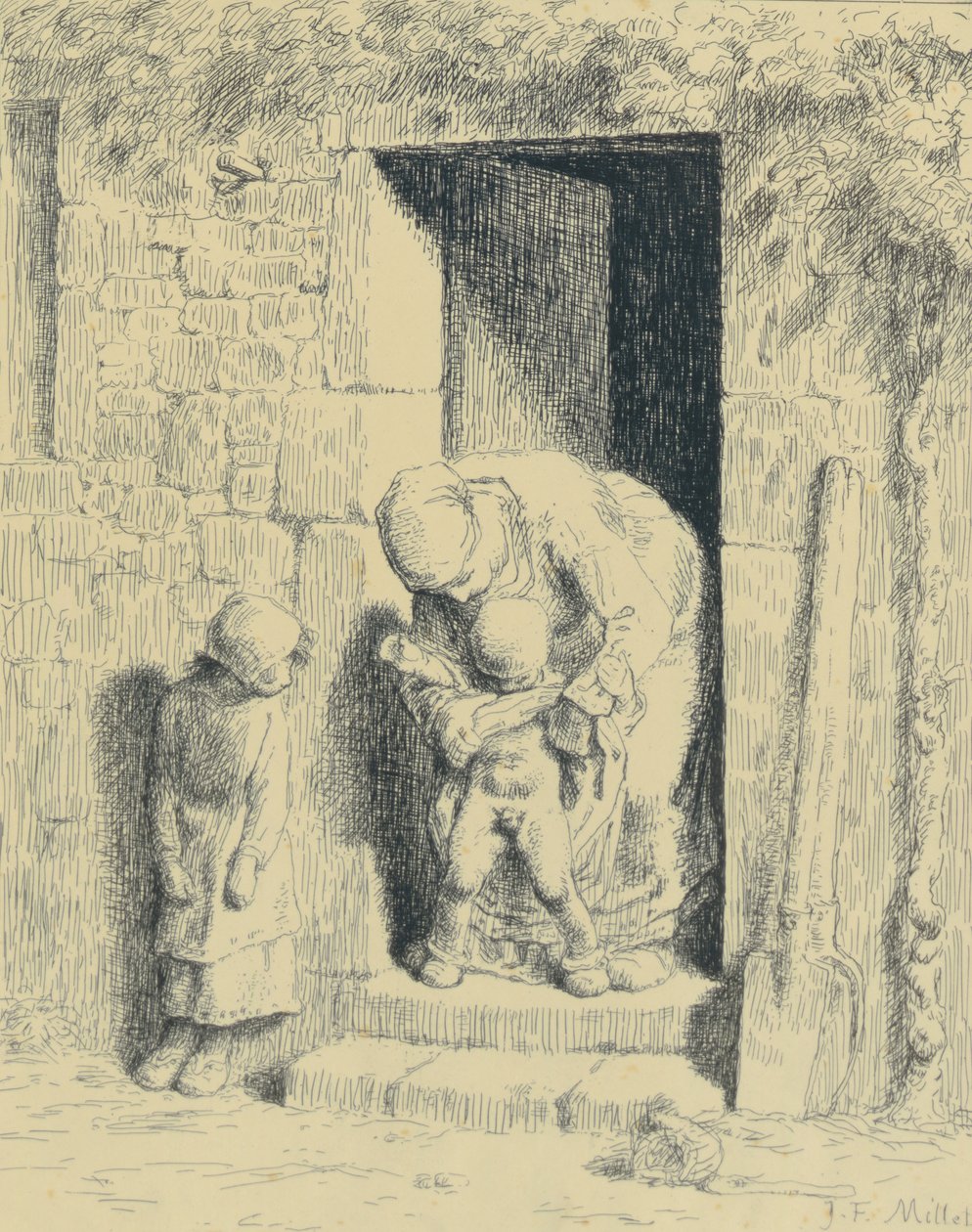 Äitiyshuolto, 1862 (lasiprintti) tekijältä Jean Francois Millet
