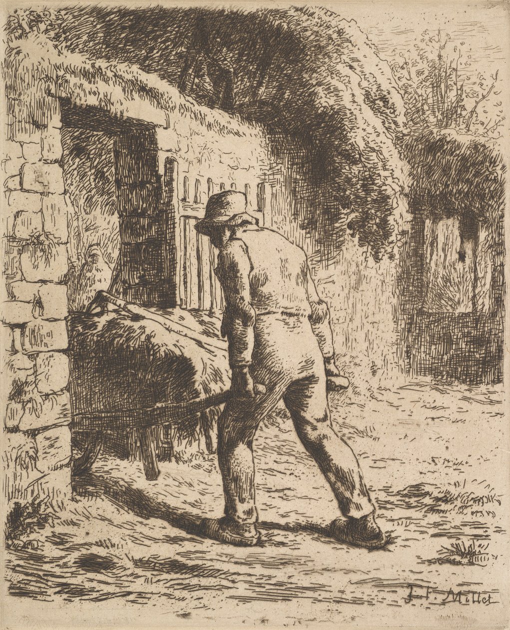 Talonpoika työntää kottikärryä, 1855 tekijältä Jean Francois Millet