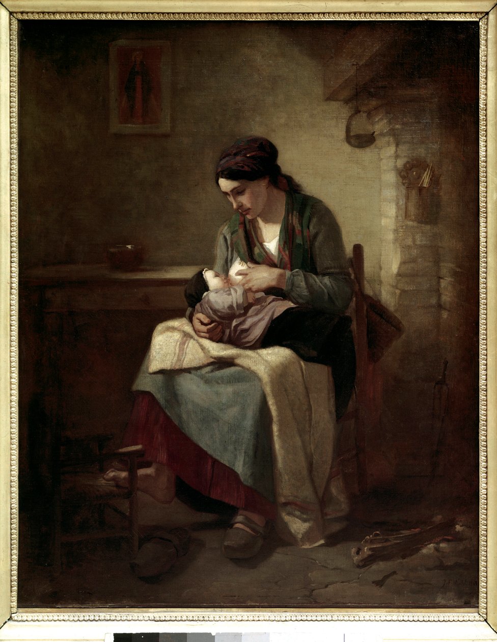 Talonpoikien imetys Jean Francois Milletin (1814-1875) maalaus 1845 Su. 0,81x0,54 m Pariisi, Musee du Louvre. tekijältä Jean Francois Millet