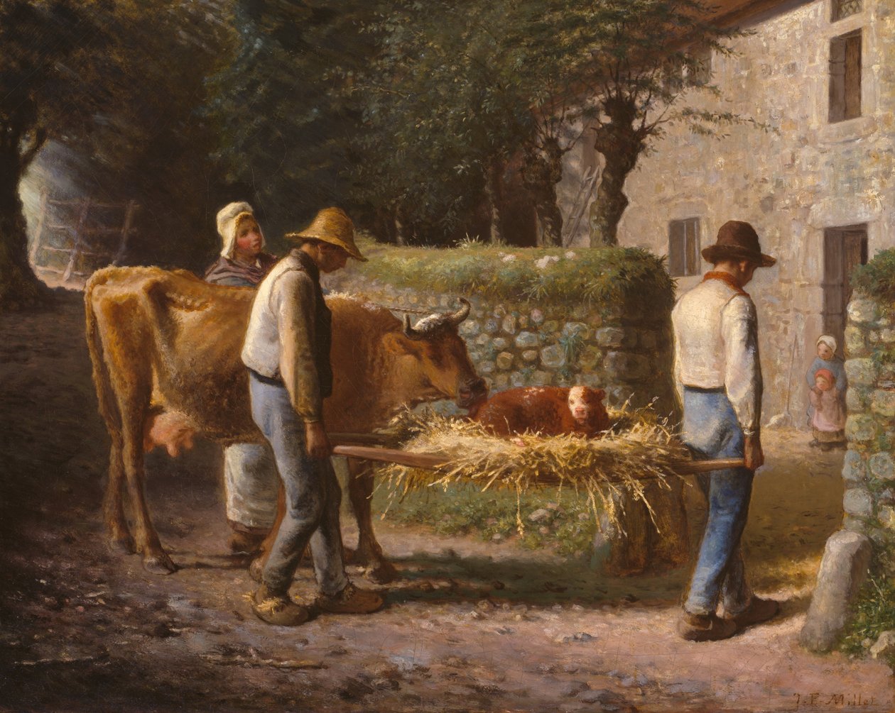 Talonpojat tuovat kotiin pellolla syntyneen vasikan tekijältä Jean Francois Millet