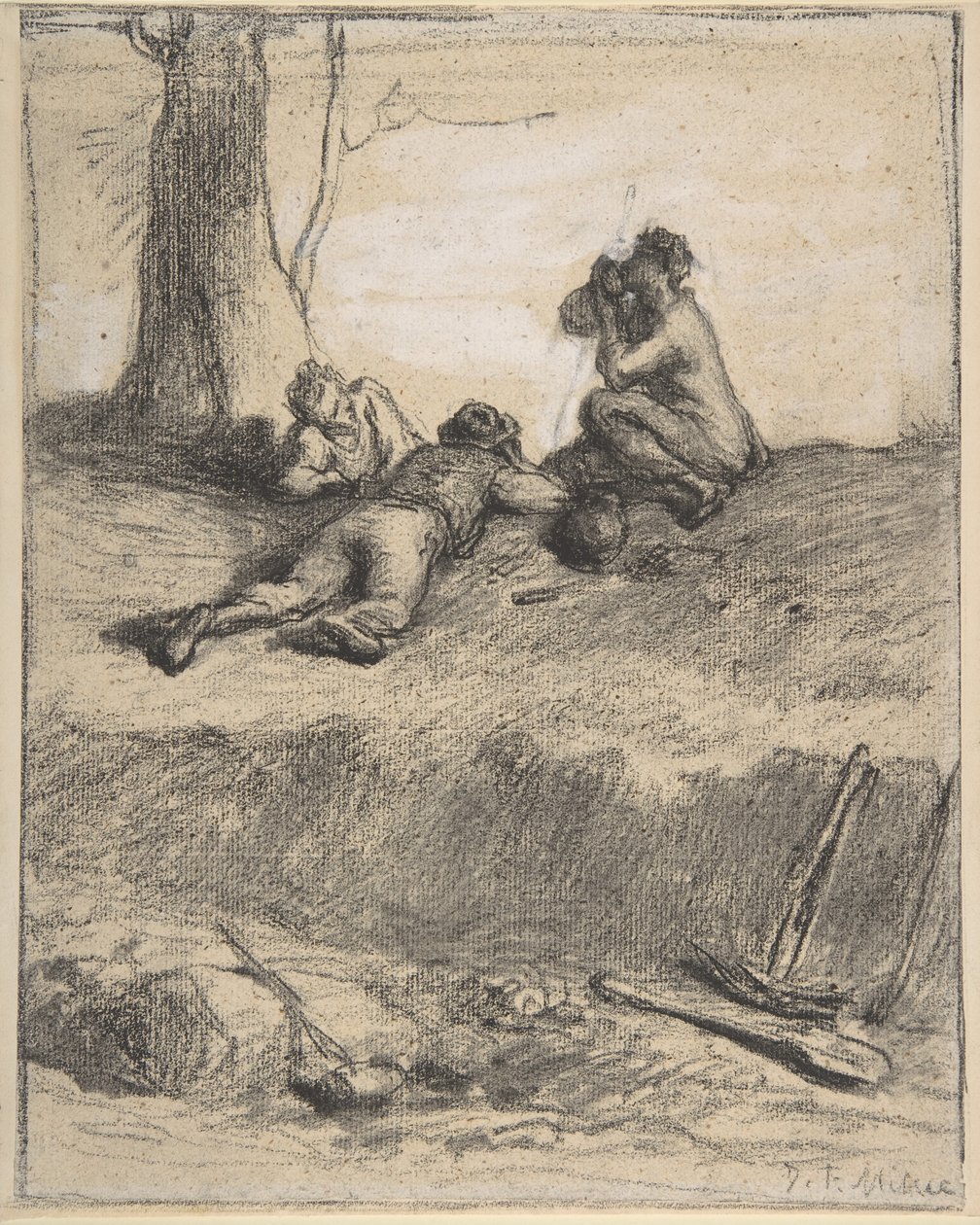 Roadworkers at Lunch, n. 1850-1852 (conte-liitu guassilla, paperille) tekijältä Jean Francois Millet
