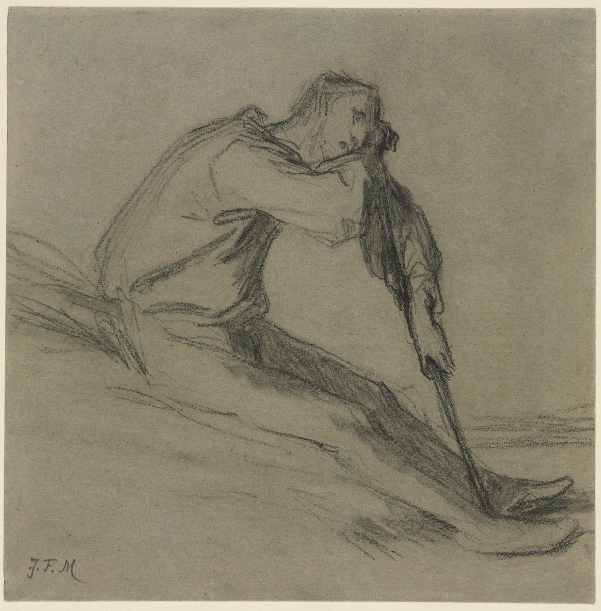 aIstuva talonpoika, joka lepää kuokalla tekijältä Jean Francois Millet