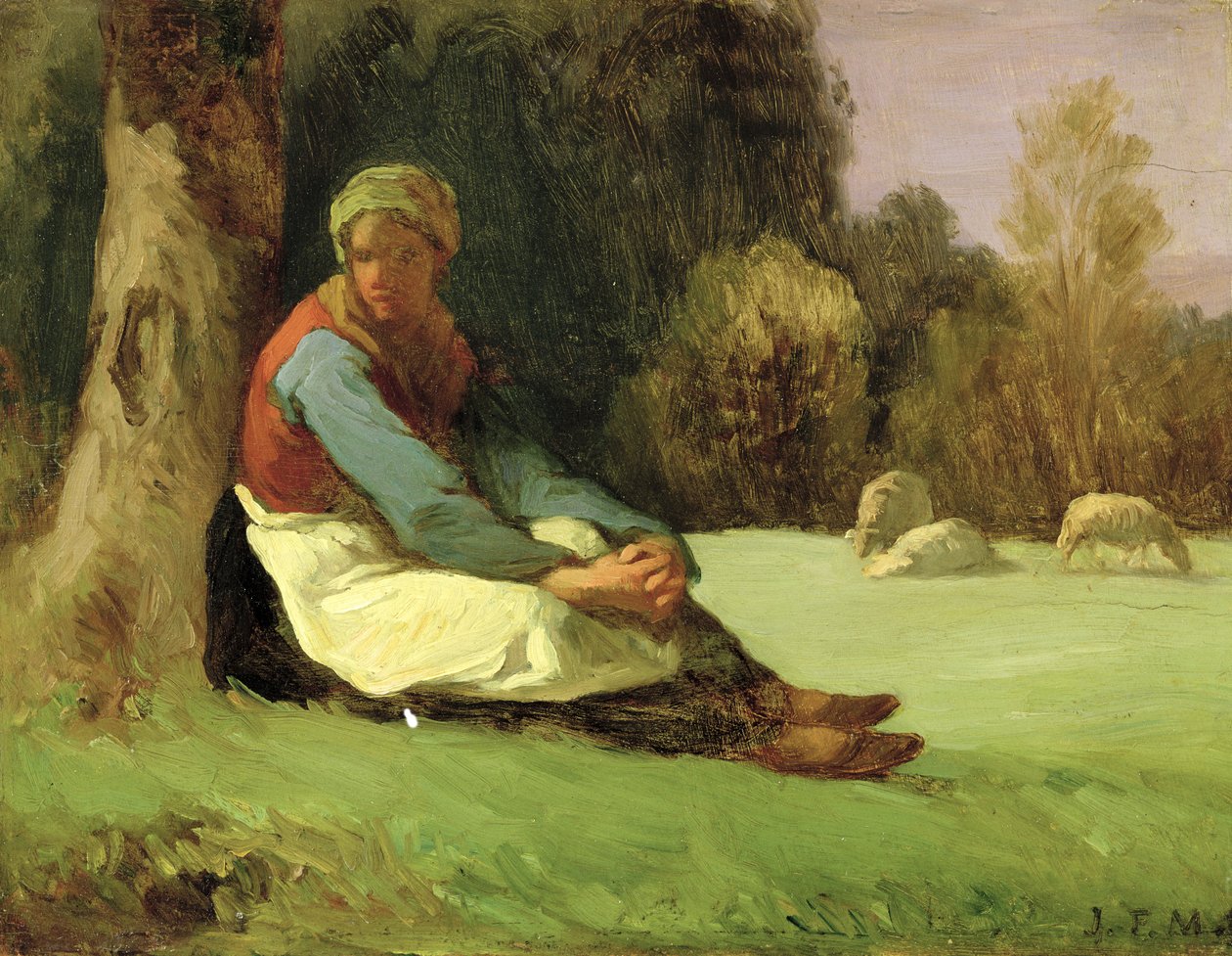 Istuva paimentolainen (öljy kartongille) tekijältä Jean Francois Millet