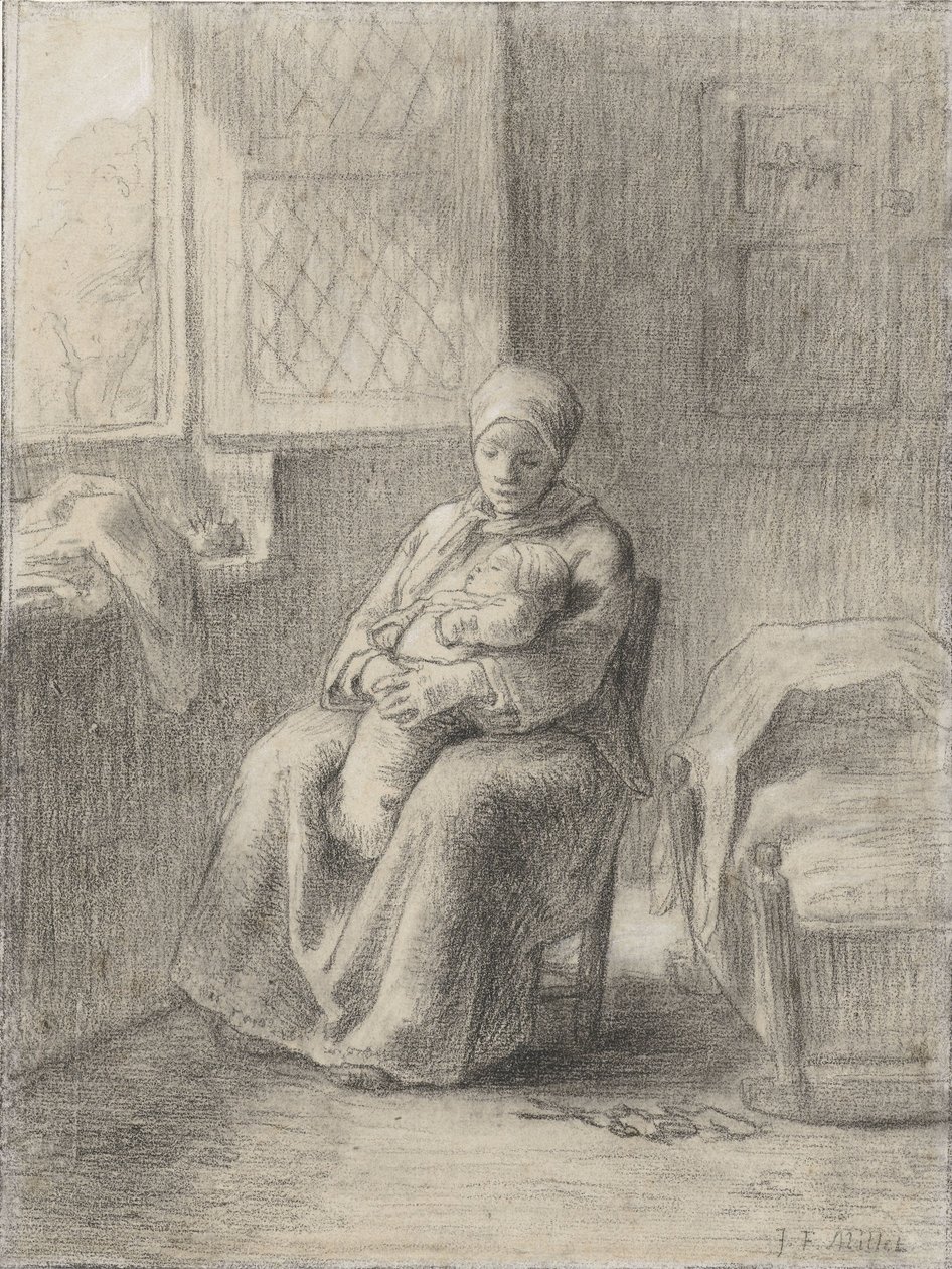 Istuva nainen vauvan kanssa ikkunan vieressä, n. 1824-75 (liitu paperille) tekijältä Jean Francois Millet