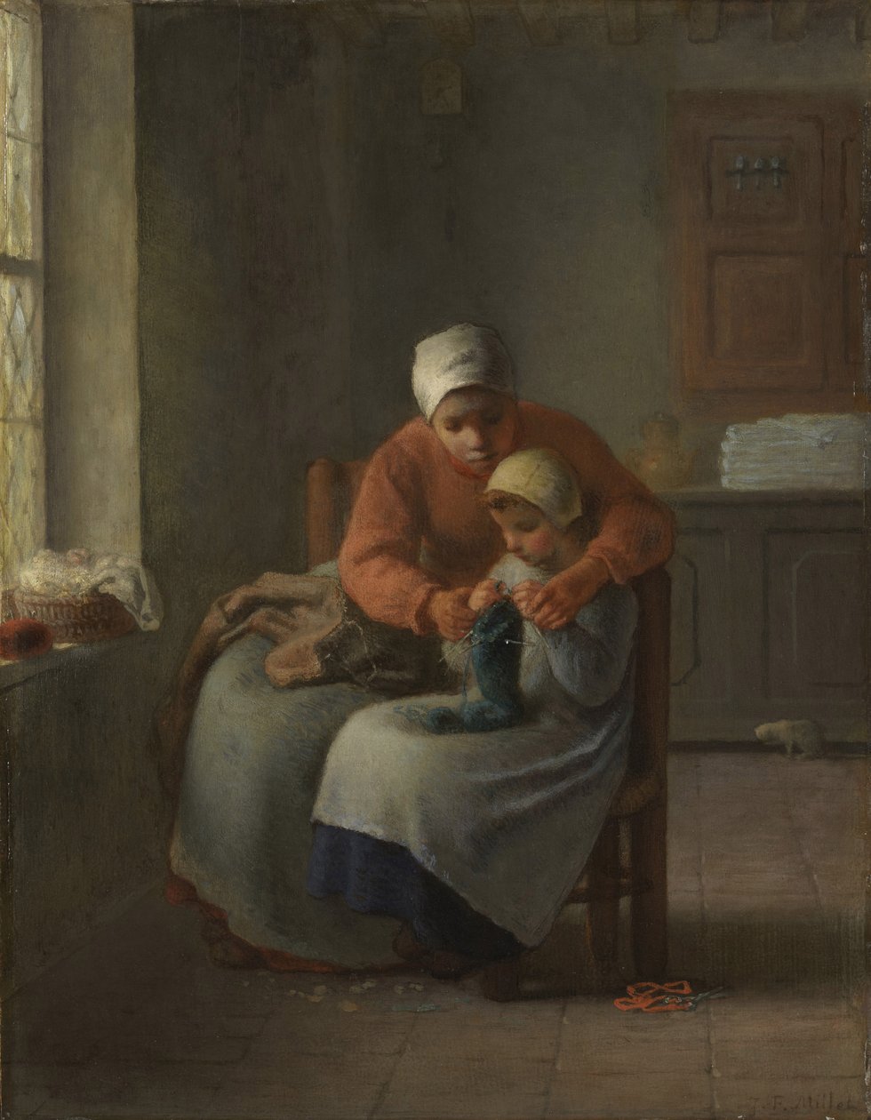 Knitting Lesson, noin 1860 tekijältä Jean Francois Millet