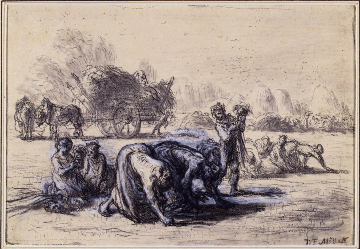Elokuu: The Gleaners, n. 1851-52 (mustavalkoinen pastelli paperille) tekijältä Jean Francois Millet