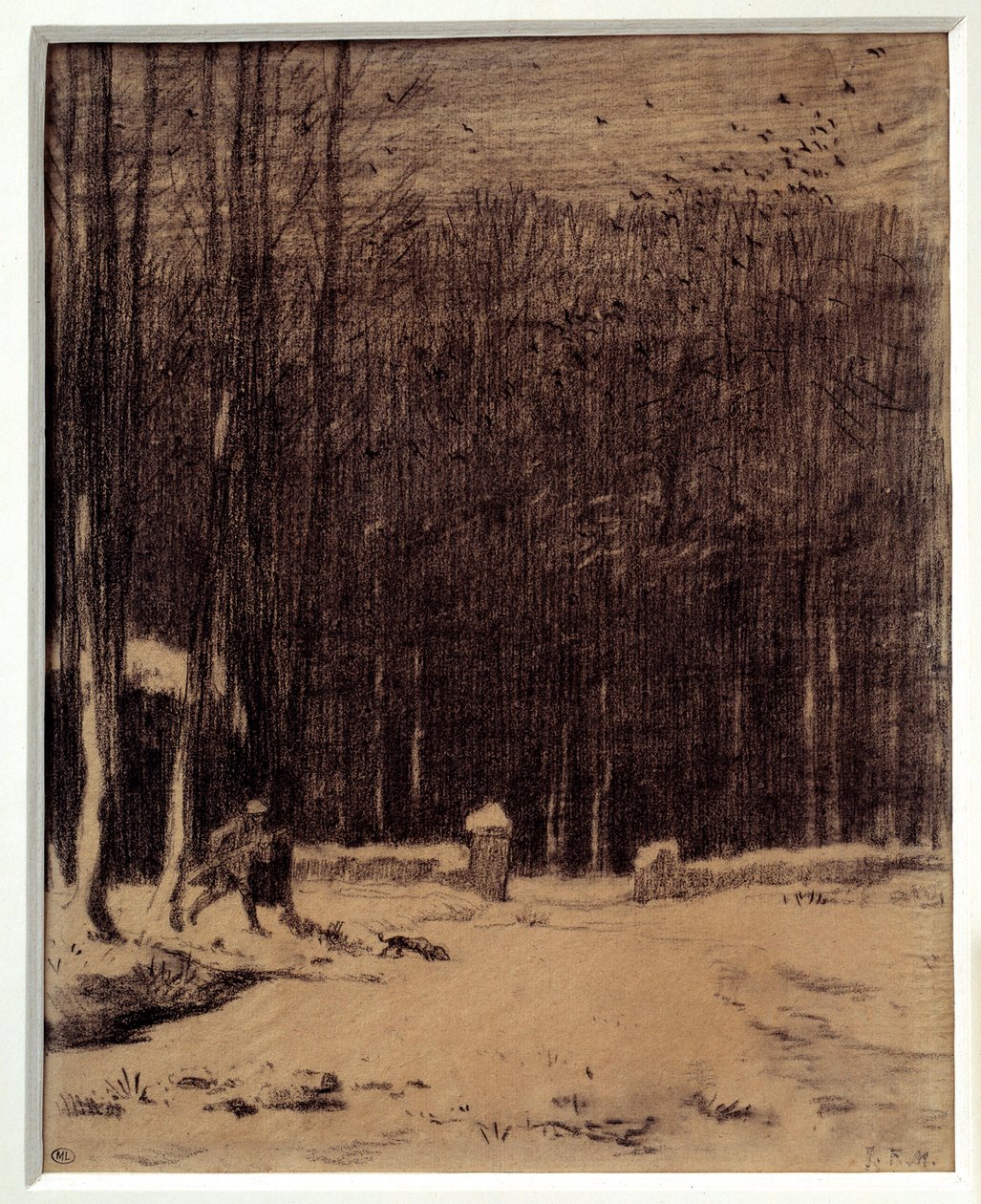 Barbizonin metsän sisäänkäynti, lumiefekti Jean Francois Milletin (1814-1875) musta lyijykynäpiirros Dim. 0,28 x 0,22 m Pariisi. Orsay-museo tekijältä Jean Francois Millet