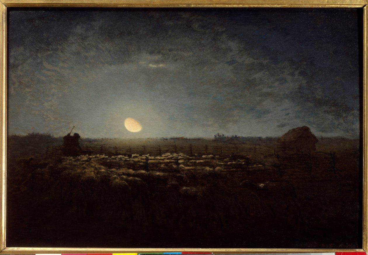 Lammaspuisto, kuutamo. Jean Francois Milletin (1814-1875) maalaus tekijältä Jean Francois Millet