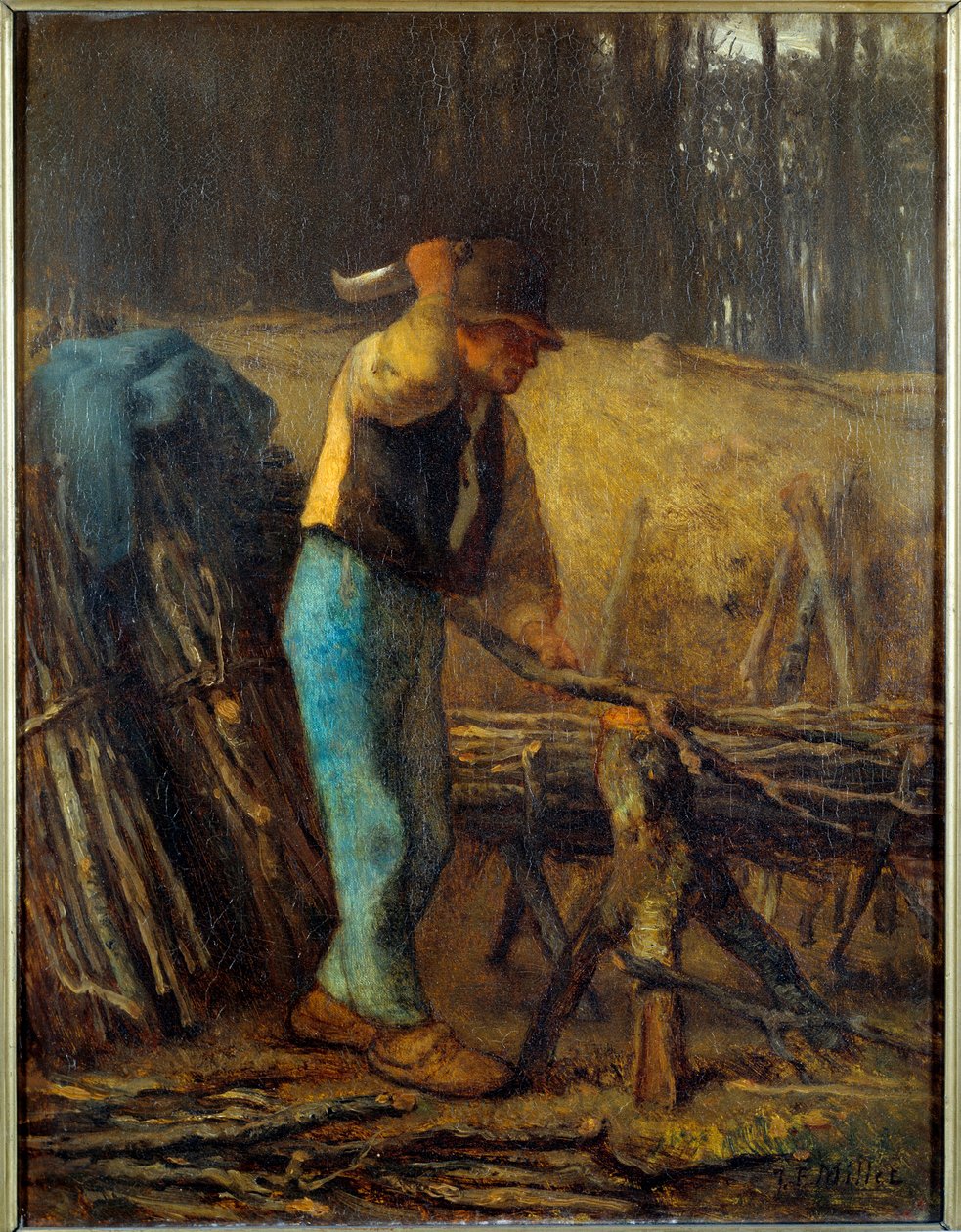 Puunhalkaisija Puumies viidakkoveitsellä leikkaamassa puun oksia nippuiksi. Jean Francois Milletin (1814-1875) maalaus 1800-luvun su. 0,38x0,29 m tekijältä Jean Francois Millet
