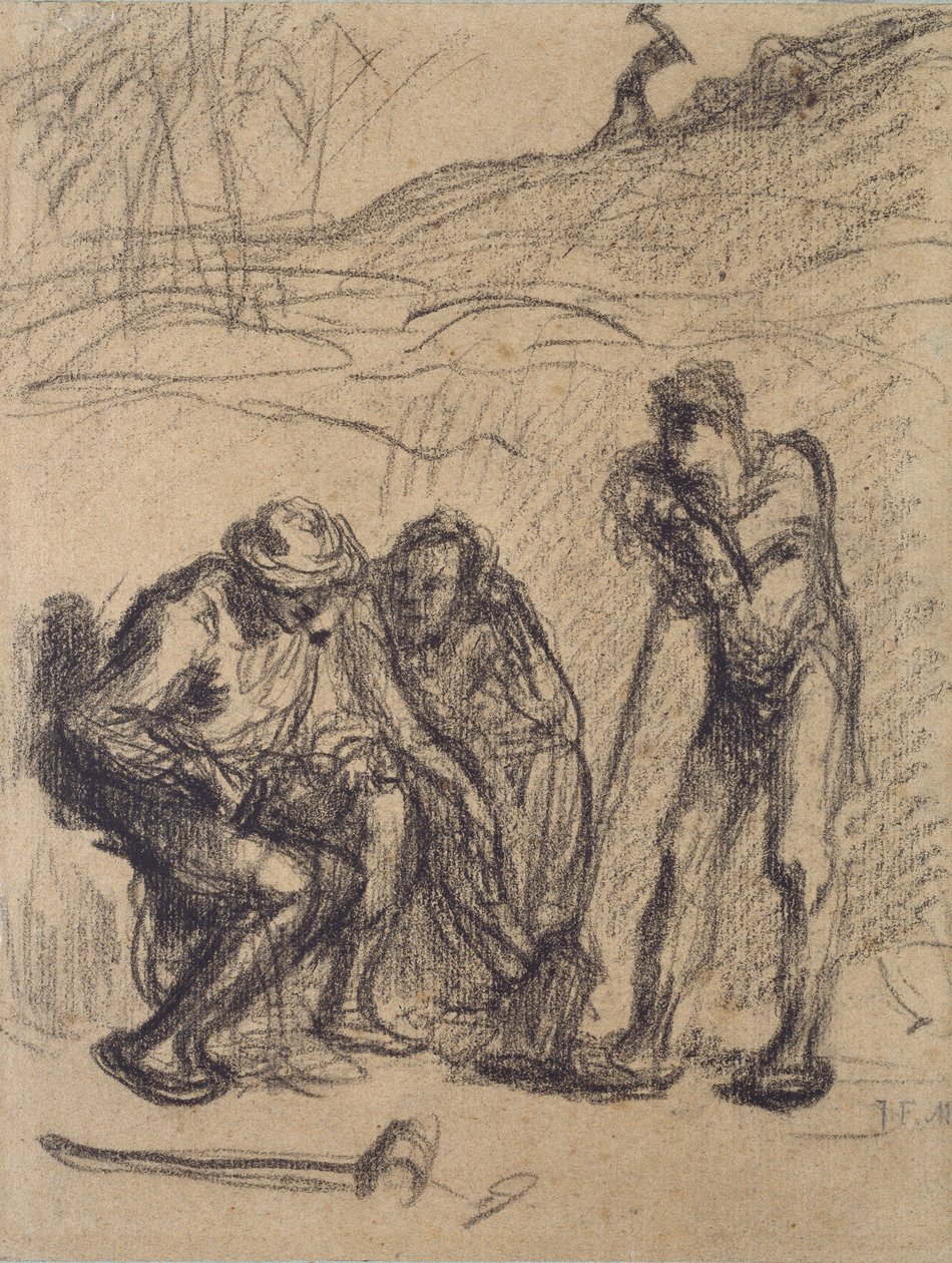 Kolme talonpoikaa lepäämässä, yksi lapioon nojaten, 1850-1851 tekijältä Jean Francois Millet