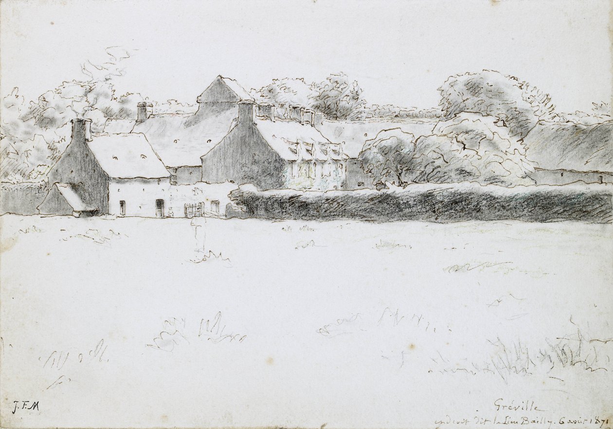 Näkymä maatilarakennuksista pellon poikki, 1871 (grafiittia mustalla liidulla, kynällä, musteella ja värikynällä paperilla) tekijältä Jean Francois Millet