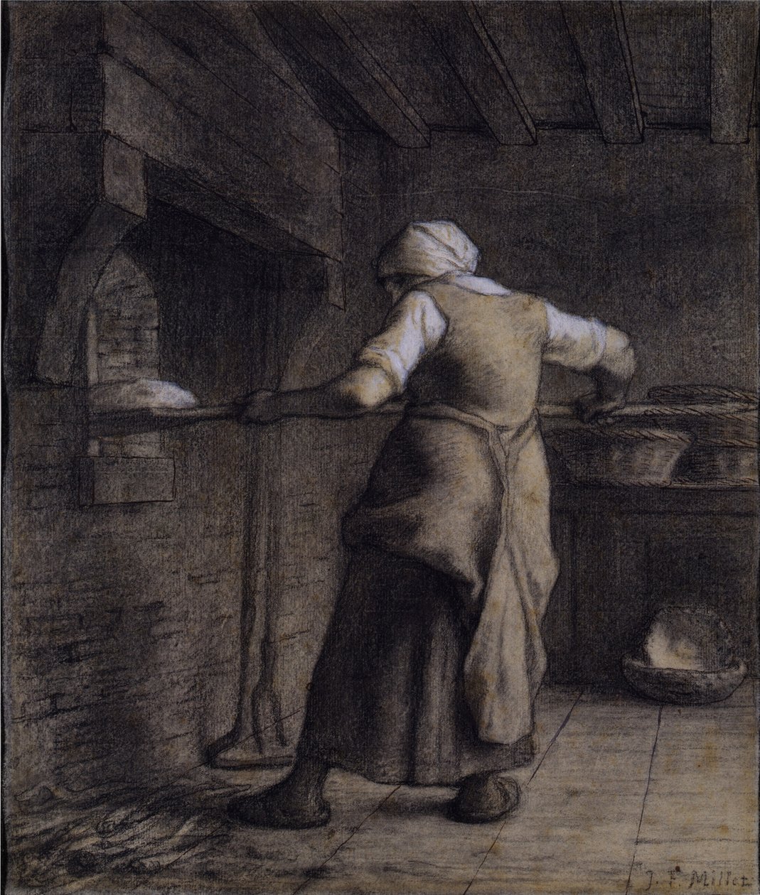 Nainen leipoo leipää (musta, valkoinen ja ruskea liitu paperille) tekijältä Jean Francois Millet