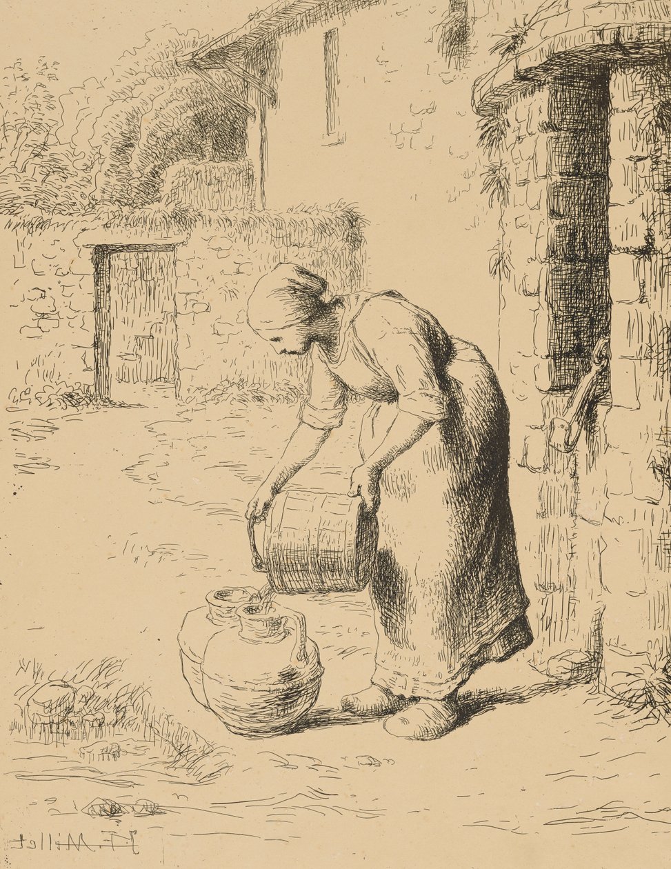 Nainen tyhjentämässä ämpäriä, 1862 (cliché verre) tekijältä Jean Francois Millet