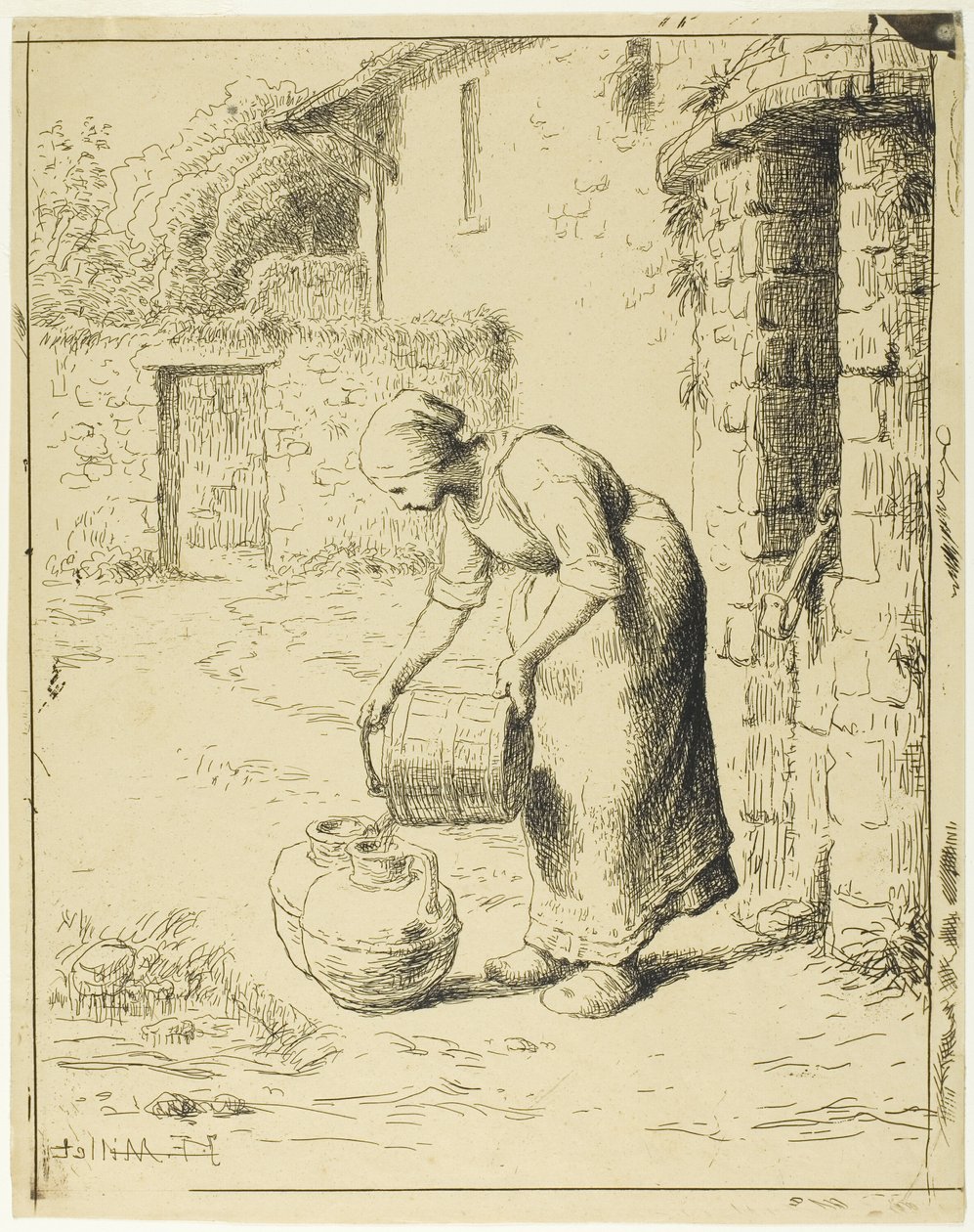 Nainen tyhjentää ämpäri tekijältä Jean Francois Millet