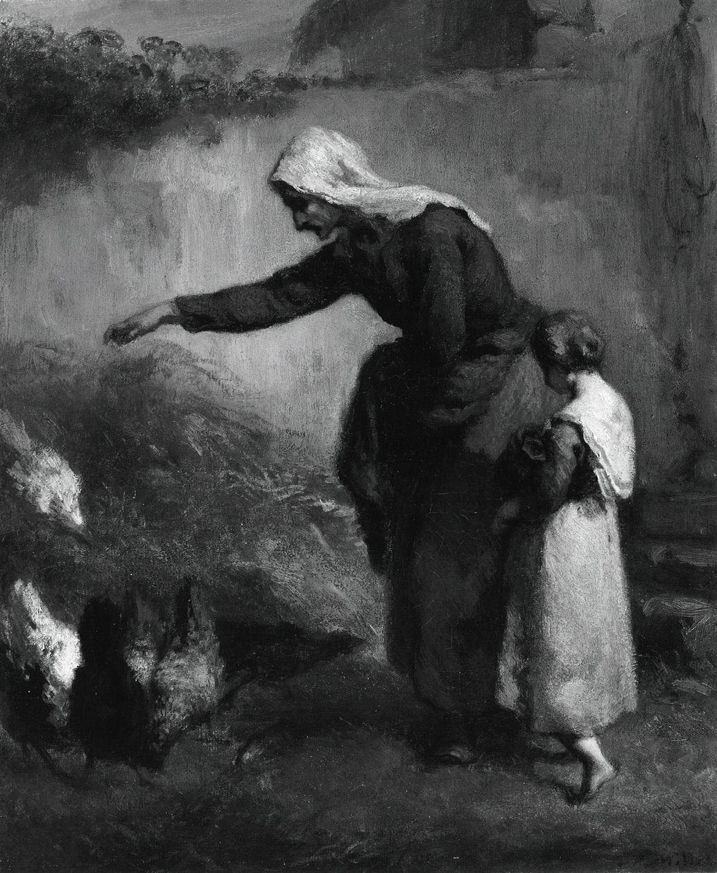 Nainen ruokkimassa kanoja, 184648. tekijältä Jean Francois Millet