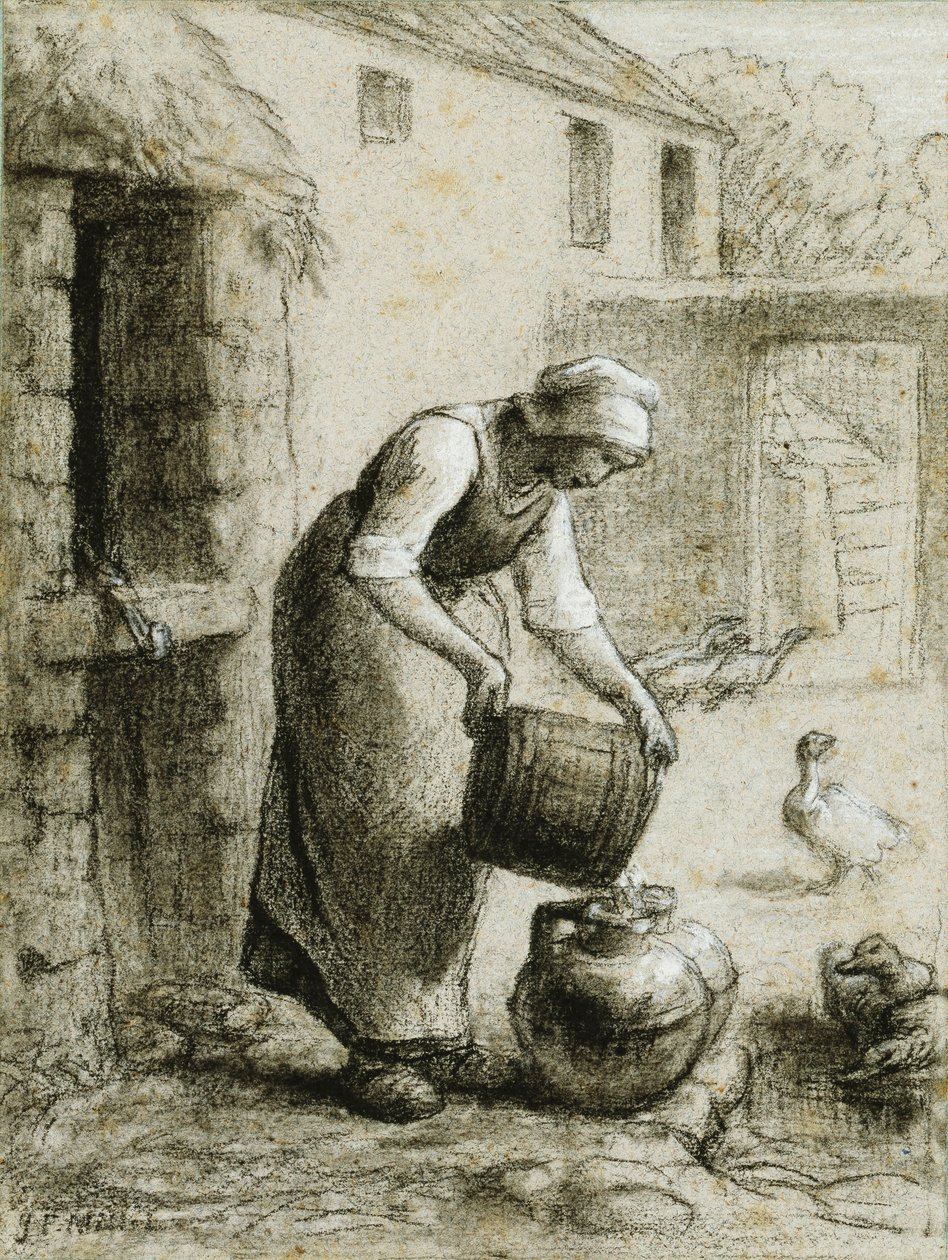 Nainen kaataa vettä maitopurkkeihin tekijältä Jean Francois Millet
