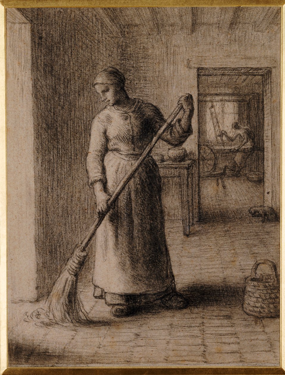 Nainen lakaisemassa kotiaan tekijältä Jean Francois Millet
