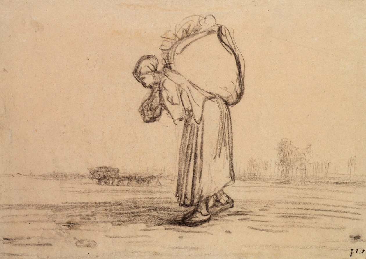 Nainen kantaa säkkiä selässään, c1851-1855 tekijältä Jean Francois Millet