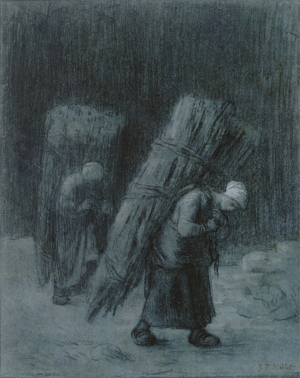 Naiset kantavat oksia, n. 1858 (hiilikorostettu valkoisella guassilla, hiilireunus, raskaalla harmaansinisellä paperilla) tekijältä Jean Francois Millet