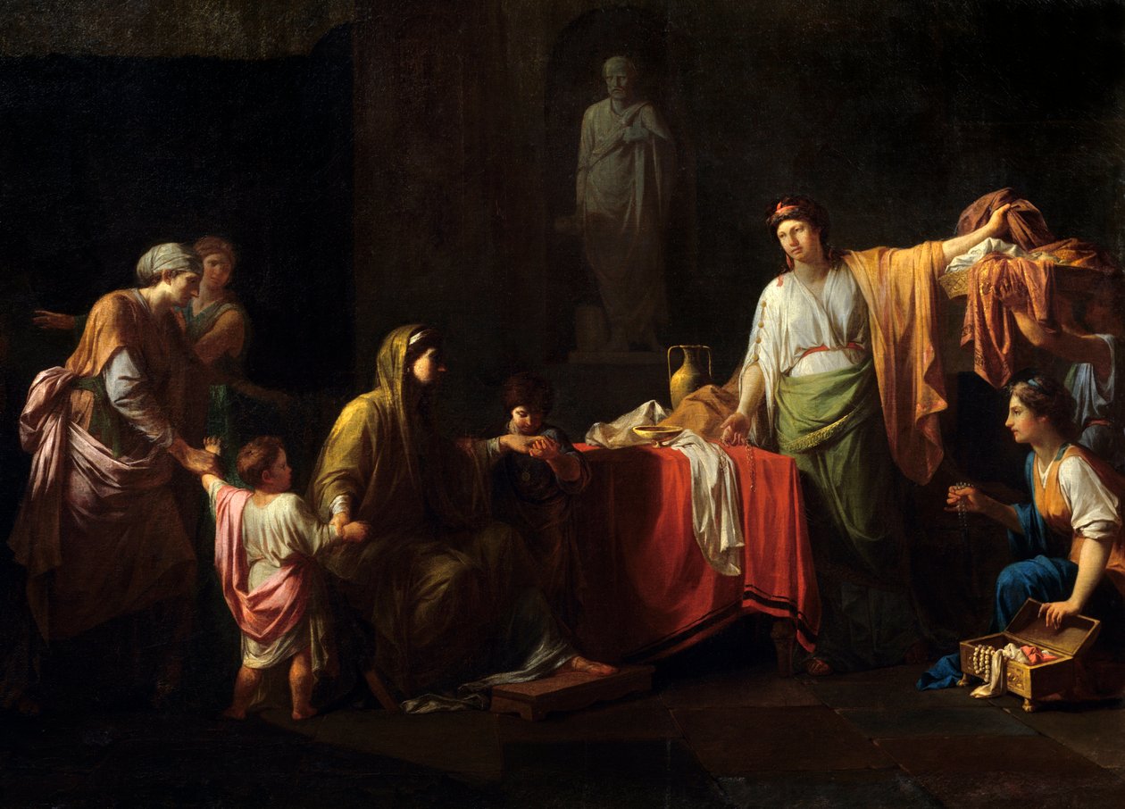 Yksityiskohta: Cornelie (189 - 110 eKr.) Gracquesin äiti - Tiberius Sempronius Gracchus ja hänen veljensä Caius Sempronius Gracchus, lempinimeltään Gracques, roomalaiset valtiomiehet - Jean Francois Peyronin (1744-1814) maalaus tekijältä Jean François Pierre Peyron