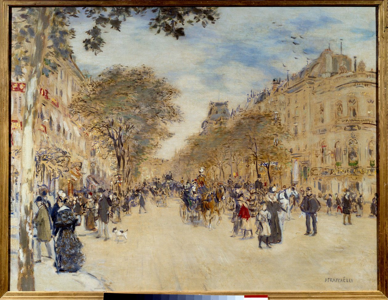 Belle epoque: "" Näkymä Hannoverin paviljongista ja Boulevard des Italiansista Pariisissa"" Jean Francois Raffaellin (1850-1924) maalaus 1900-luvun alku Aurinko. 0,66x0,82 m Rouen, Musee des Beaux Arts tekijältä Jean Francois Raffaelli
