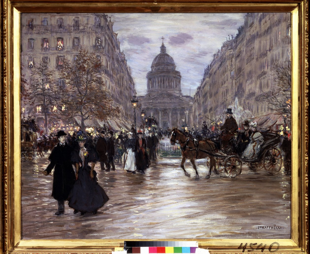 ""Boulevard Saint Michel"" Näkymä rue Soufflotille ja Pantheonille Luxembourgin puutarhasta ja Boulevard Saint-Michelistä Pariisissa, taksit ja tyylikkäät pariskunnat elävöittävät katua illan tullessa. Jean Francois Raffaellin maalaus (18 tekijältä Jean Francois Raffaelli