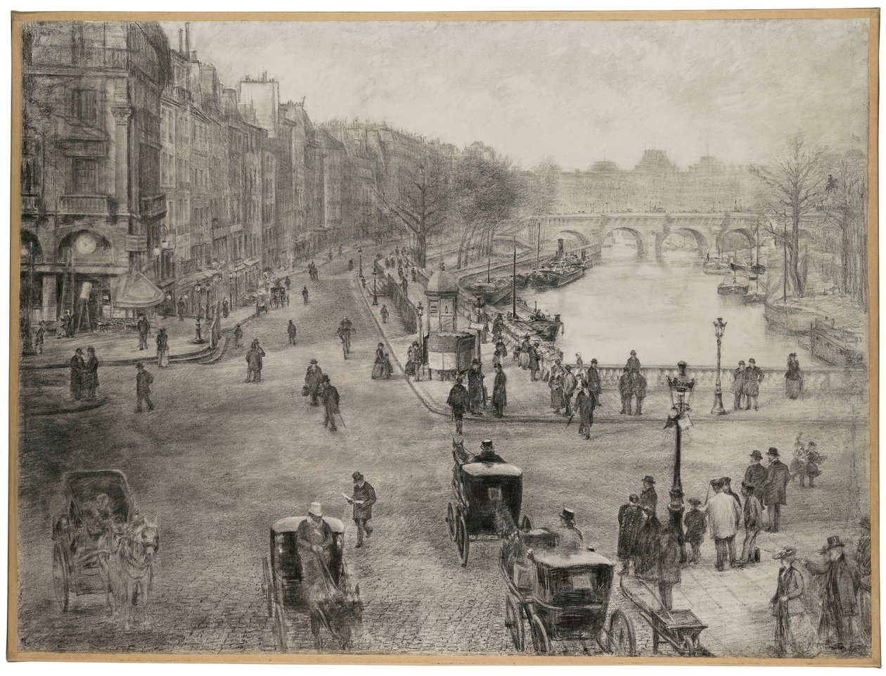 Pariisi, Place de Saint Michel, Quai des Grands Augustins ja Pont Saint Michel etualalla ja Pont Neuf ja Louvre taustalla, n. 1900 tekijältä Jean Francois Raffaelli