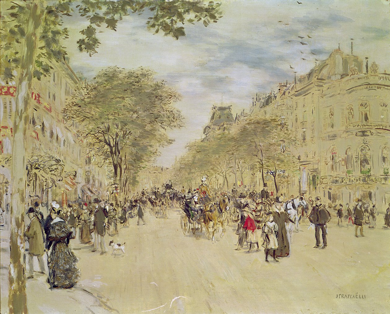 Pavillon de Hanovre ja Boulevard des Italiens, Pariisi, vuoden 1870 jälkeen (guassi ja wc paperilla) tekijältä Jean Francois Raffaelli