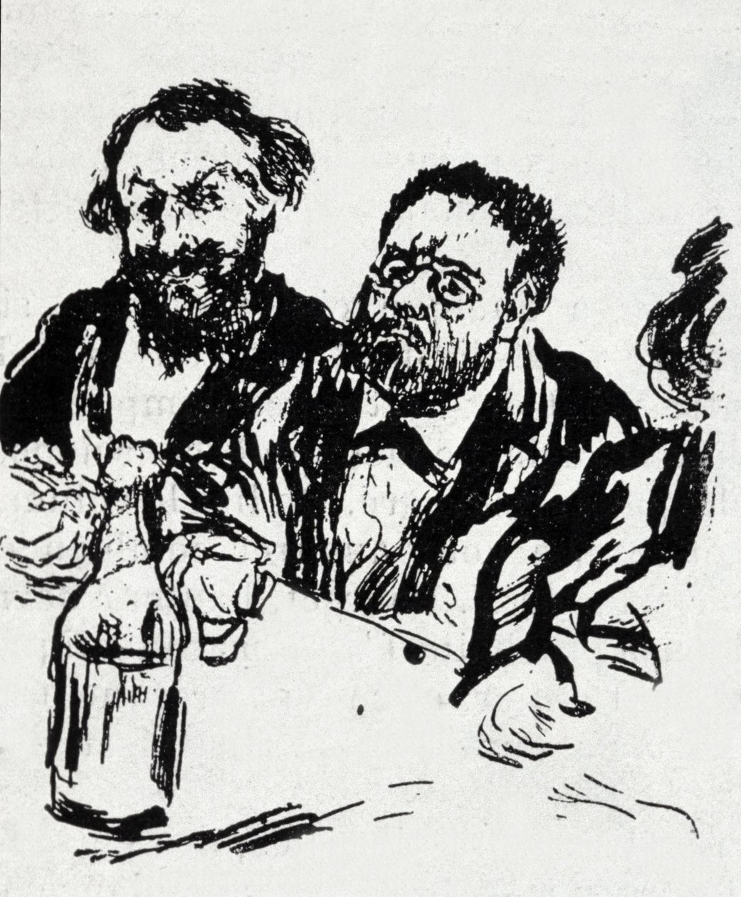 Taidemaalari Edouard Manet (1832-1883) ja kirjailija Emile Zola (1840-1902) pöydän ääressä Jean Francois Raffaellin (1850-1924) karikatyyri tekijältä Jean Francois Raffaelli