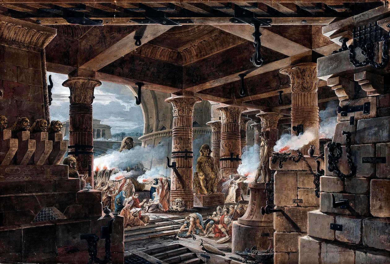 Architectural Fantasy - sisänäkymä egyptiläisestä temppelistä Jean Francois Thomas de Thomon tekijältä Jean François Thomas de Thomon