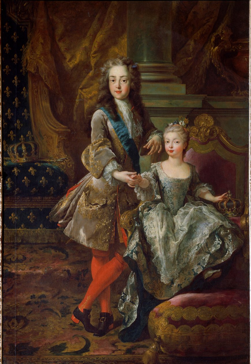 Muotokuva kuningas Ludvig XV:stä (1710-1774) ja hänen morsiamestaan Marie Anne Victoiresta (1718-1781), espanjalaisen Philip V:n tyttärestä Jean Francois De Troyn (1679-1752) maalaus Noin 1724 Firenze, Palazzo Pitti tekijältä Jean François de Troy