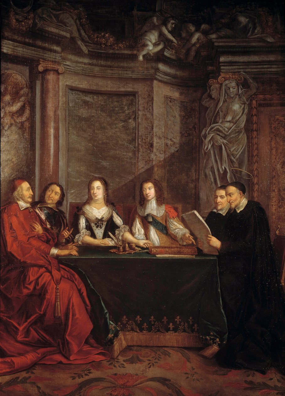 Omatuntoneuvosto: St. Vincent de Paul, kardinaali Jules Mazarinin (1602-1661), Peter Seguierin (1588-1672), Itävallan kuningatar Annen (1601-1666) ja Ludvig XIV:n alaisen omatuntoneuvoston johtaja. (1638). tekijältä Jean François de Troy