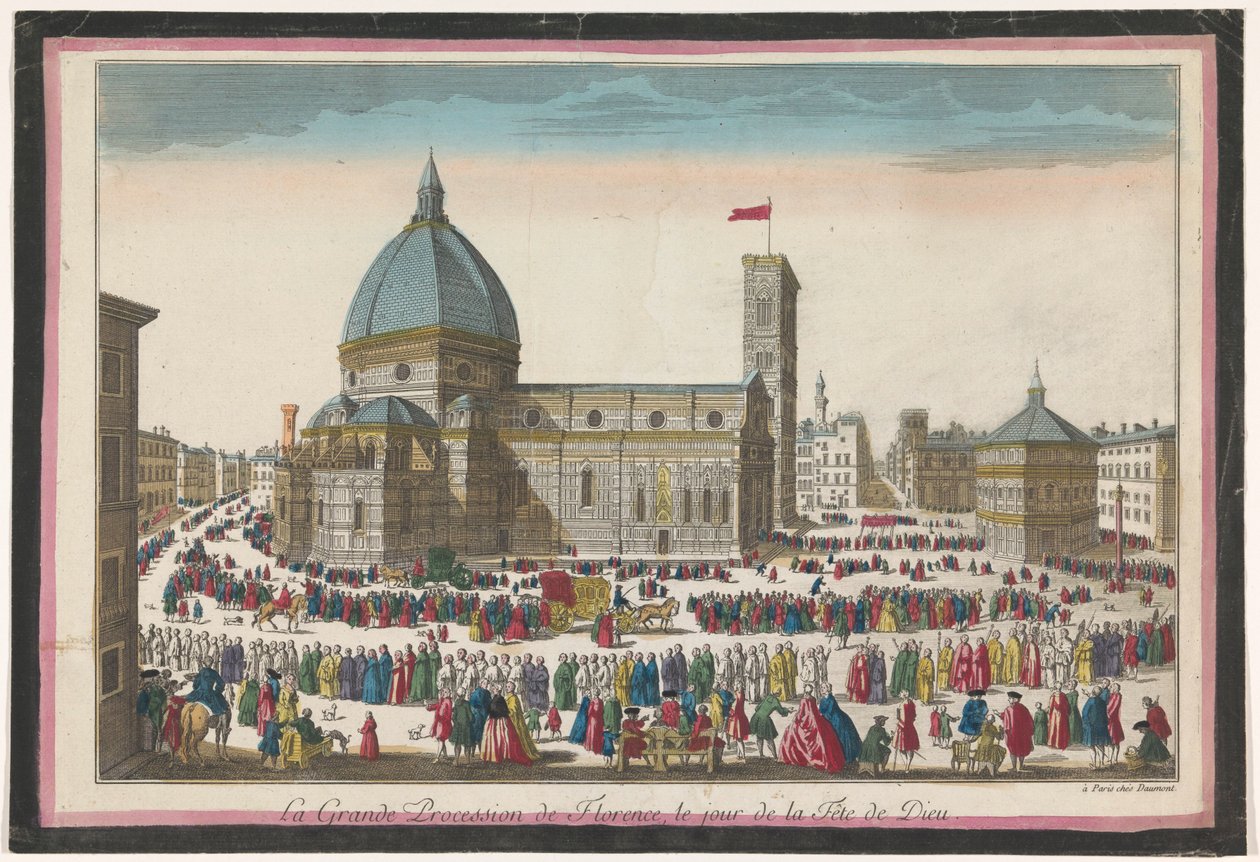 Näkymä Firenzen Duomolle ja kulkue Corpus Christille La grande kulkue de Florence, le jour de la fête de Dieu (otsikko esineessä) tekijältä Jean François Daumont