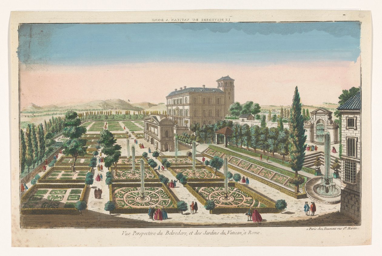 Näkymä Giardini Vaticanista Vatikaanissa Le Belvedere du Vatican a Rome (otsikko esineessä) tekijältä Jean François Daumont