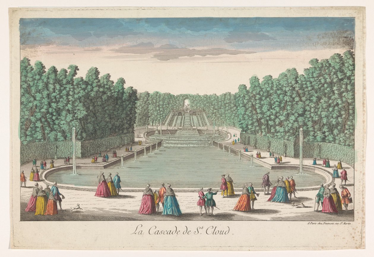 Näkymä Château de Saint-Cloudin puutarhan vesiputouksille La Cascade de St. Cloud (otsikko esineessä) tekijältä Jean François Daumont