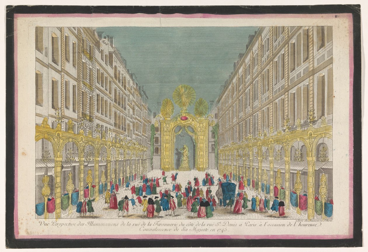 Näkymä Rue de la Feronnerie -kadun koristelusta Pariisissa Ranskan kuninkaan Ludvig XV:n entisöinnin yhteydessä vuonna 1745 Vue perspektiivi des illuminations de la Ruë de la Feronnerie du côté de la Ruë St. Denis a Paris (...) (nimi on o tekijältä Jean François Daumont