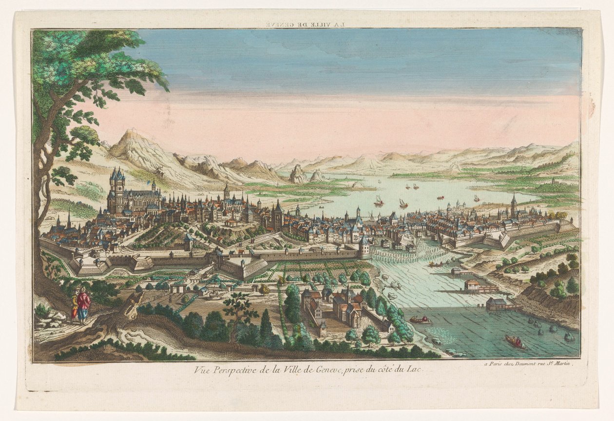 Näkymä Geneven kaupunkiin Genevejärveltä nähtynä La ville de Geneve (otsikko esineessä) tekijältä Jean François Daumont